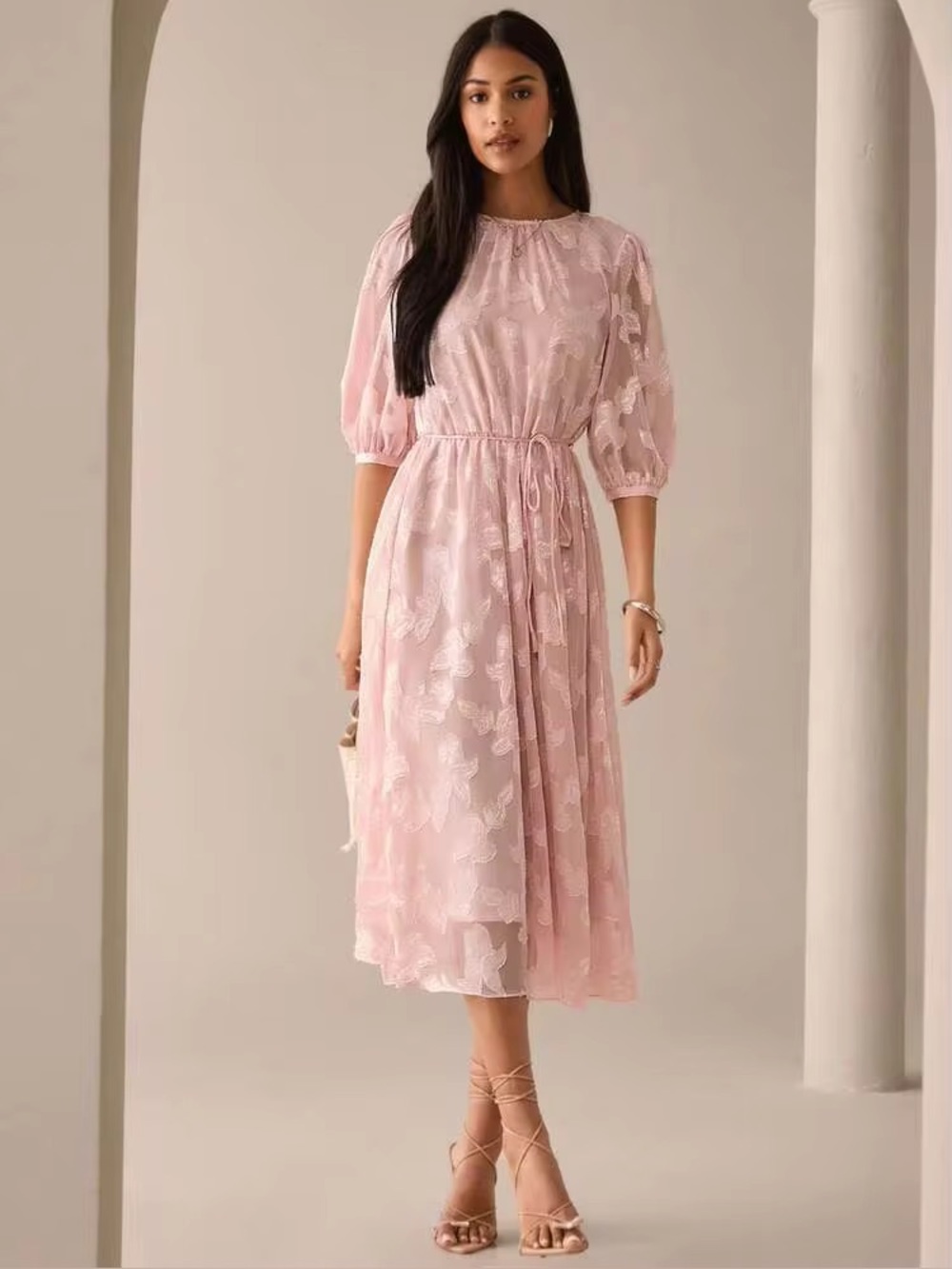 One-Shoulder Blush Midi Dress with Tie Waist